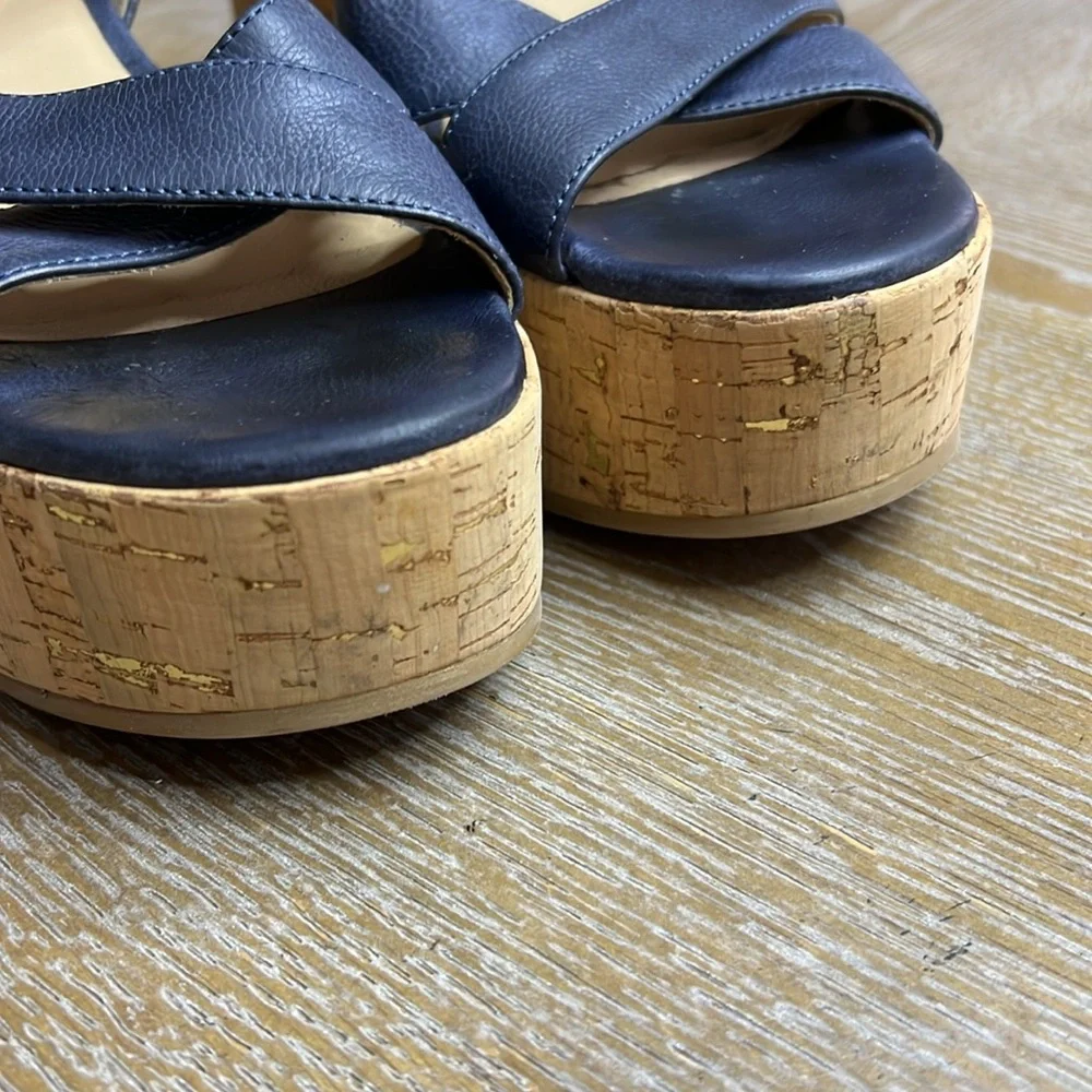M. GEMI Women's The Linee Blue Leather Platform Cork Wedge Sandals 37